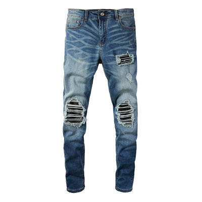 Jeans Vintage Desgastados con Parches de Cuero y Diseño Patchwork para Hombre - Image 18