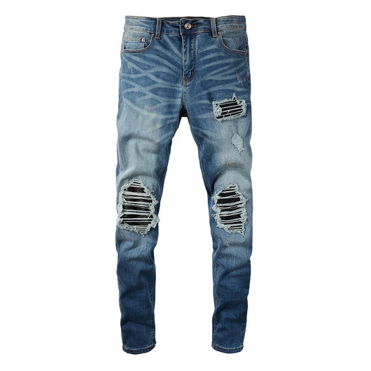 Jeans Vintage Desgastados con Parches de Cuero y Diseño Patchwork para Hombre - Image 18