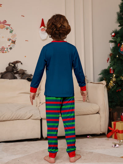 Child's blue long-sleeve Christmas pajamas with a dinosaur graphic and red and green striped pants. - Image 9