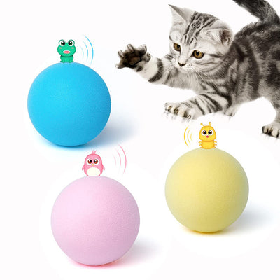 Three plush interactive cat toy balls in blue, yellow, and pink, each with cartoon eyes, shown with a size measurement. - Image 7