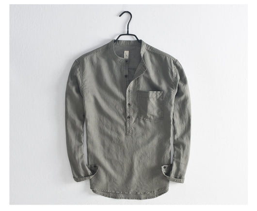 Camisa Casual de Lino y Algodón con Cuello Mao para Hombre - Image 23