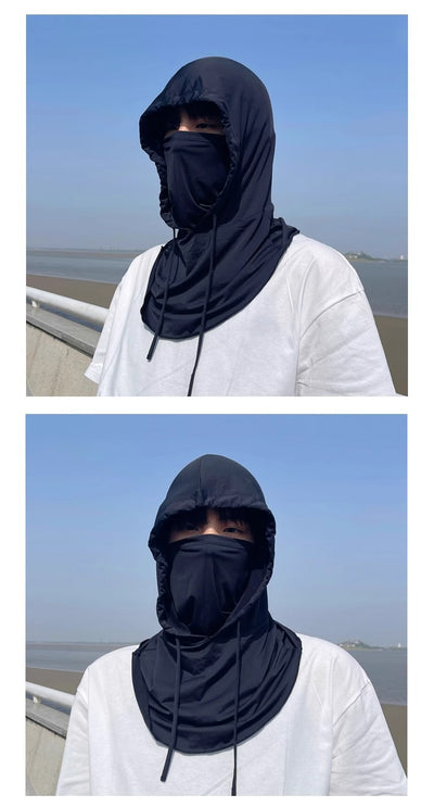 Light gray ice silk sun mask with full face coverage and an attached hood, featuring drawstrings for adjustment. - Image 11