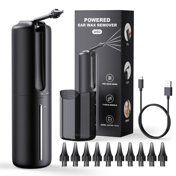 Black electric ear wax remover kit with main device, measuring cup, 10 nozzles, and USB-C charging cable. - Image 6