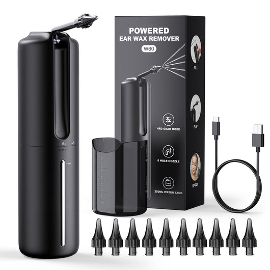 Black electric ear wax remover kit with main device, measuring cup, 10 nozzles, and USB-C charging cable. - Image 6