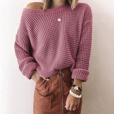 Suéter Tejido Suelto con Cuello Sesgado para Mujer - Otoño e Invierno - Image 6