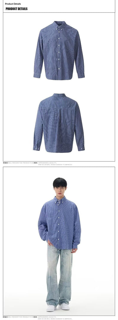Camisa Clásica de Cuadros Azul Retro para Hombre - Image 10