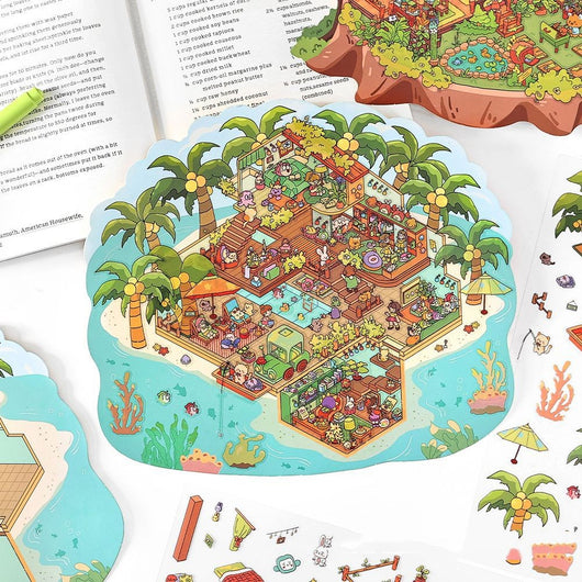 "Sea Studio" extra large landscaping stickers with a three-dimensional cottage island design and various decorative elements. - Image 6