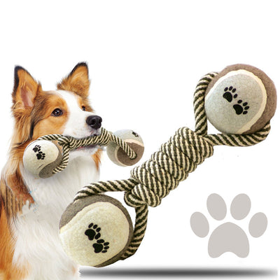 Border collie holding a cotton rope dumbbell dog toy with tennis ball ends and paw print designs. - Image 12