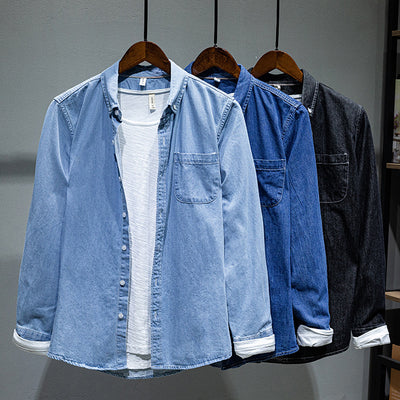Chaqueta Camisa Denim Manga Larga Hombre Color Sólido
