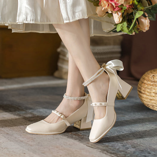 Tacones Gruesos Perla Blanco con Detalles de Perlas - Estilo Elegante