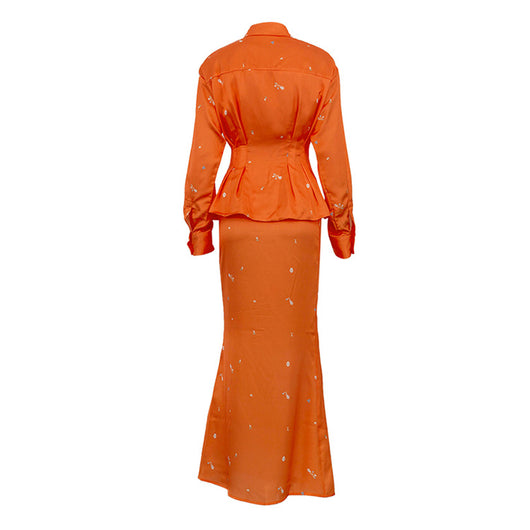 Conjunto Elegante: Blusa Estampada de Manga Larga con Falda Cola de Pez - Image 13