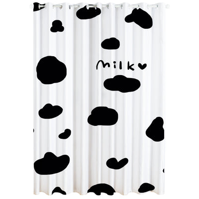 White curtain with a repeating pattern of black outline cartoon faces, featuring grommet top for easy hanging. - Image 3