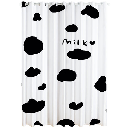 White curtain with a repeating pattern of black outline cartoon faces, featuring grommet top for easy hanging. - Image 3