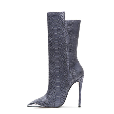 Botas Tobilleras de Tacón Alto con Punta Aguda y Efecto Piel de Serpiente Talla Grande - Image 4