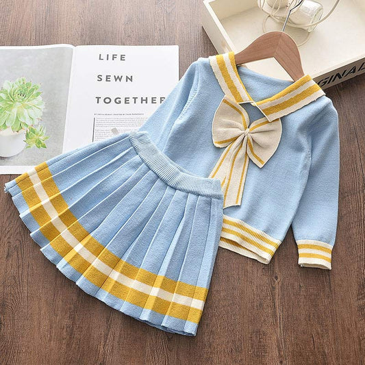 Conjunto de Primavera para Niñas: Suéter Manga Larga, Blusa y Falda con Moño - Image 2