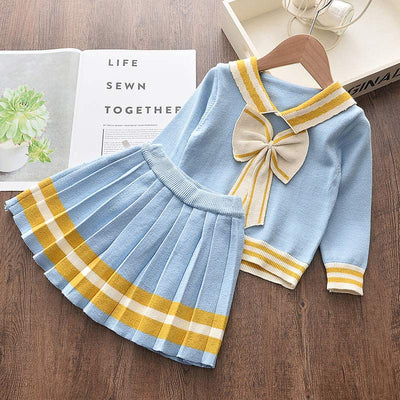 Conjunto de Primavera para Niñas: Suéter Manga Larga, Blusa y Falda con Moño - Image 2