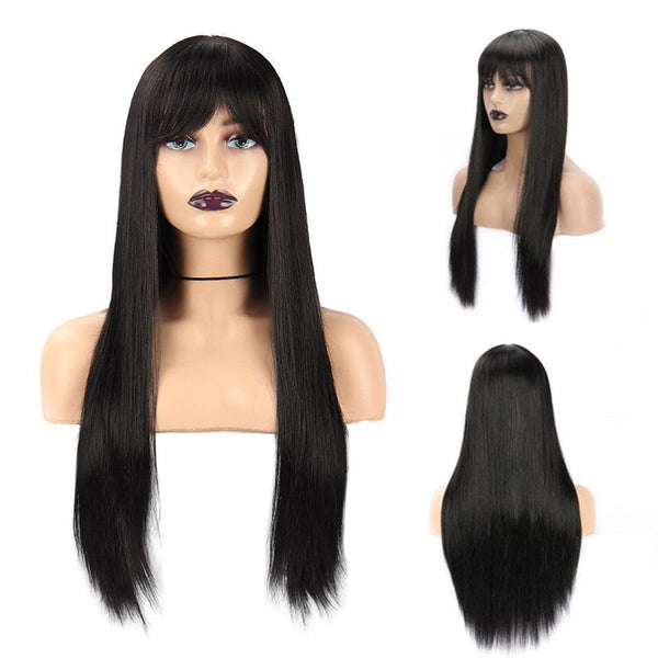 Peluca Larga Negra de Fibra Sintética para Mujer - Cabello Liso y Natural