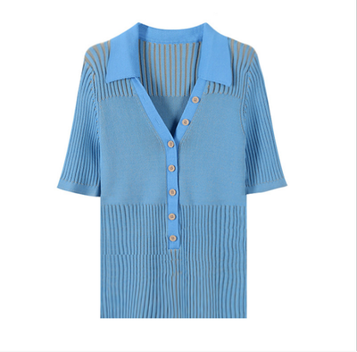 Blusa Fresca de Seda Helada Azul Cuello V - Camiseta Slim Fit para Verano - Image 8