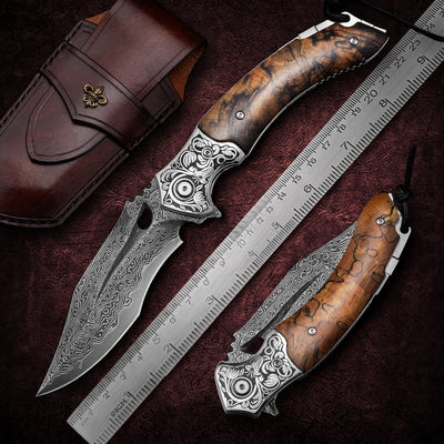 Cuchillo Plegable de Acero Damasco para Supervivencia y Camping - Image 10