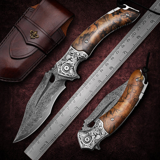 Cuchillo Plegable de Acero Damasco para Supervivencia y Camping - Image 10