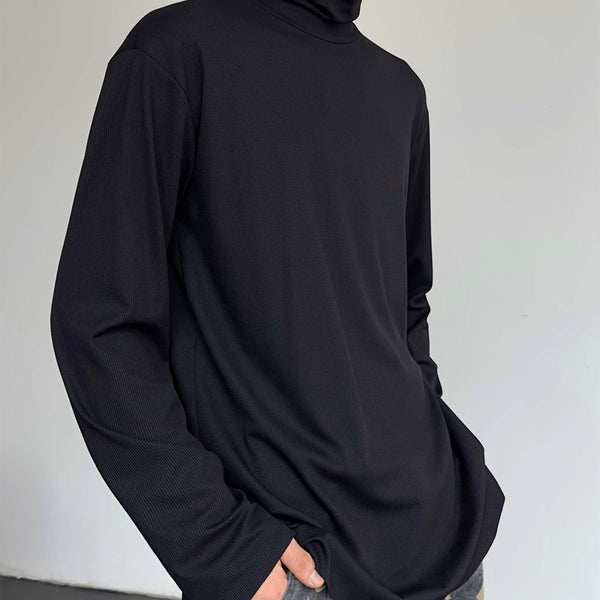 Camiseta Manga Larga Hombre Cuello Alto Color Sólido Versátil