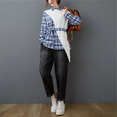 Conjunto de Dos Piezas: Camisa a Cuadros con Suéter Irregular
