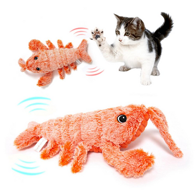 Pink plush shrimp pet toy with black eyes, designed for cats, on a white background. "Random color" text.