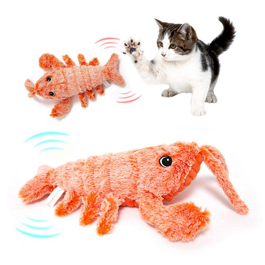 Pink plush shrimp pet toy with black eyes, designed for cats, on a white background. "Random color" text.