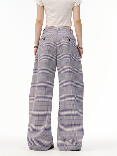 Pantalones Anchos Patchwork Retro Americano a Cuadros para Mujer - Image 8