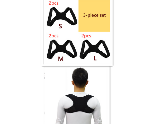 Black back shoulder spine posture corrector worn over a white long-sleeved shirt, showing adjustable straps. (2 pcs) - Image 19