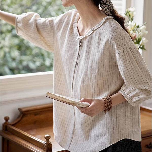 Blusa Casual de Rayas con Cuello Muñeca para Mujer