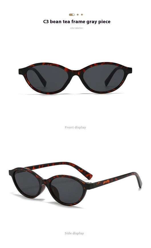 Retro fashion small frame sunglasses with translucent brown frames and yellow oval lenses, viewed from an angle. - Image 23