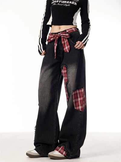 Pantalones Jeans Rectos Anchos para Mujer con Cuadros y Moño - Image 17