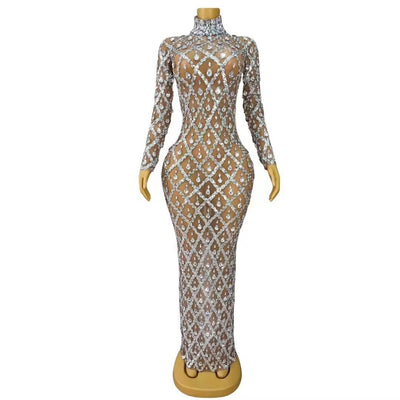 Vestido Largo de Malla Transparente con Cristales Brillantes - Image 5