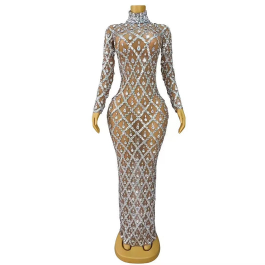 Vestido Largo de Malla Transparente con Cristales Brillantes - Image 5