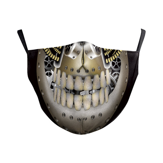 Black double-layer dust mask with a steampunk skull clown digital print, featuring gears, rivets, and a zipper. - Image 10