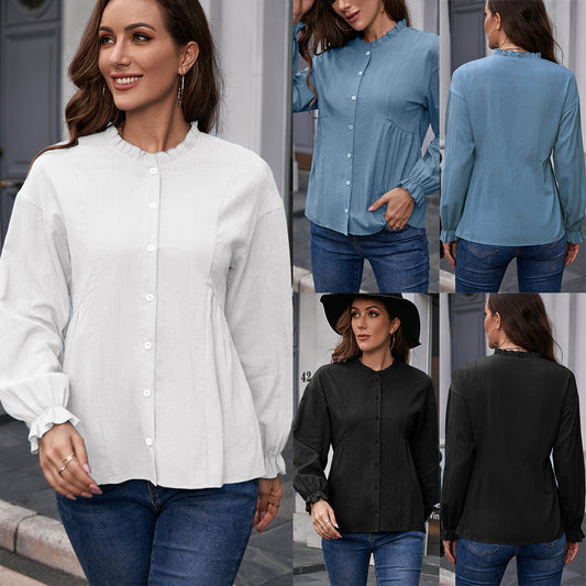 Camisa de Cuello Mao con Volantes y Manga Larga