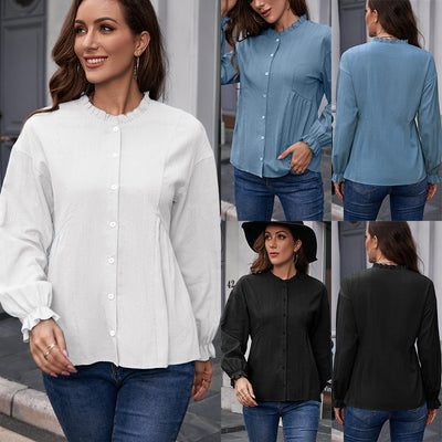 Camisa de Cuello Mao con Volantes y Manga Larga
