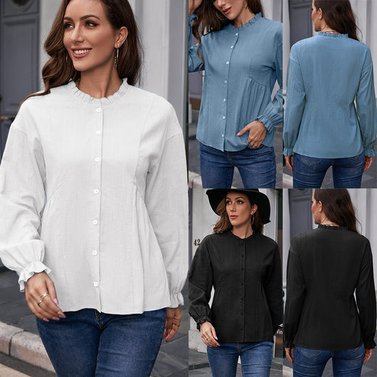 Camisa de Cuello Mao con Volantes y Manga Larga