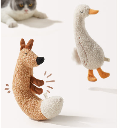C-shaped plush fox pet toy with textured brown body, white tail tip, and embroidered face, measuring 23.5cm tall. - Image 8