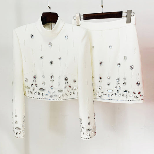 Conjunto de Vestido Corto Elegante con Incrustaciones de Diamantes - Dos Piezas