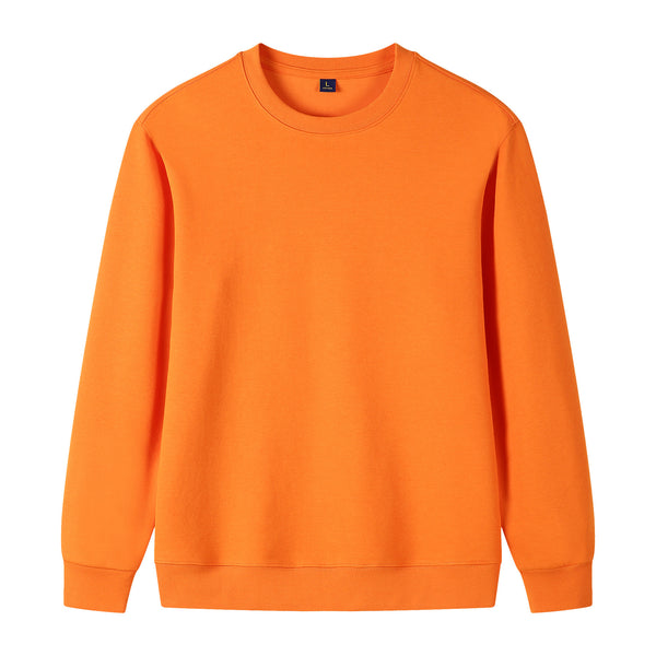 Navy blue pure cotton long sleeve round neck sweatshirt with ribbed cuffs and hem, displayed flat.