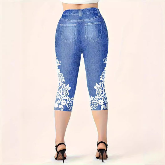 Leggings Casuales de Cintura Media con Estampado Vaquero