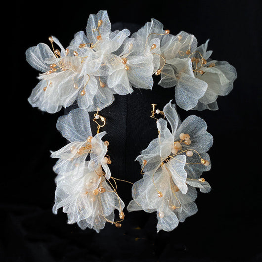 Conjunto de Diadema de Tul y Aretes con Flores para Mujer - Image 14