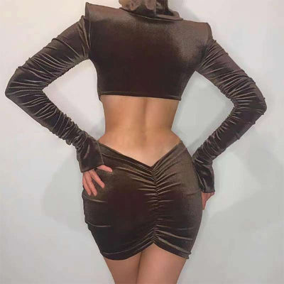 Vestido Elegante Cuello Alto con Bolsillo en Cadera y Falda Terciopelo - Image 4