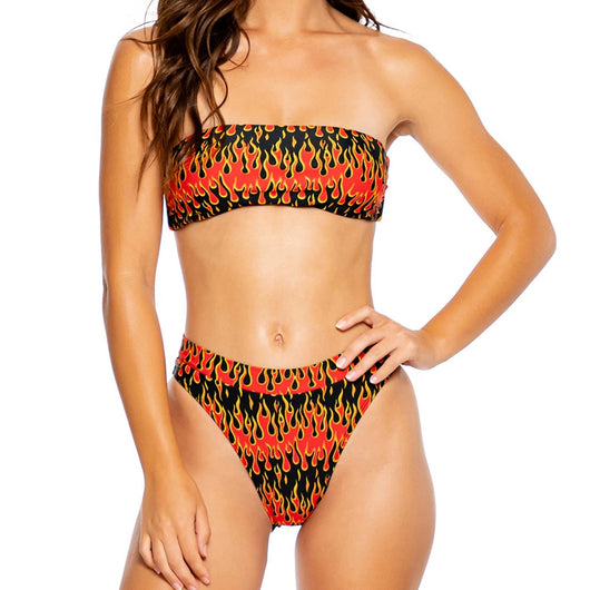 Flame print bikini swimsuit with a bandeau triangle top and tie-side split bottom in red, orange, yellow, and black. - Image 4