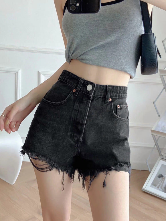 Short Denim de Cintura Alta con Corte Ancho y Detalles Rotos