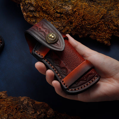 Funda Plegable de Cuero Grabado para Cuchillo de Bolsillo