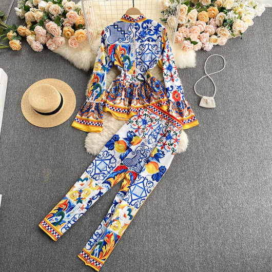 Conjunto Retro Elegante: Blusa Estampada + Pantalón Ancho de Cintura Alta - Image 9