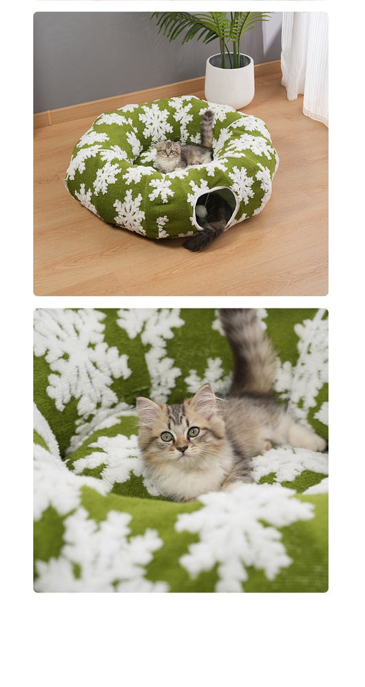 Cama Túnel Navideño para Mascotas con Diseño de Copos de Nieve Verde - Image 8